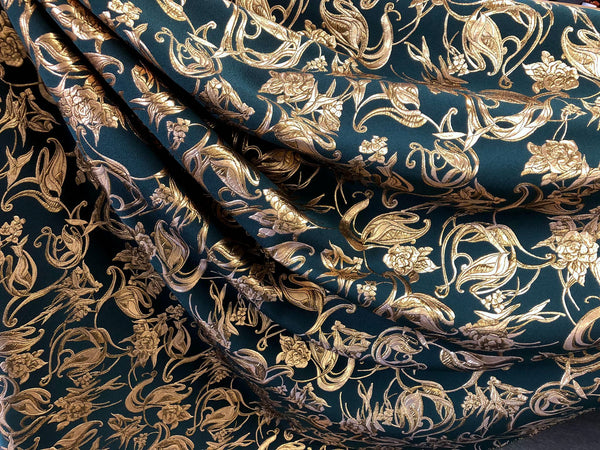 Lurex Gold on Forest Green, Rose Cloque Jacquard