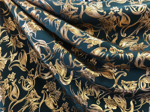 Lurex Gold on Forest Green, Rose Cloque Jacquard