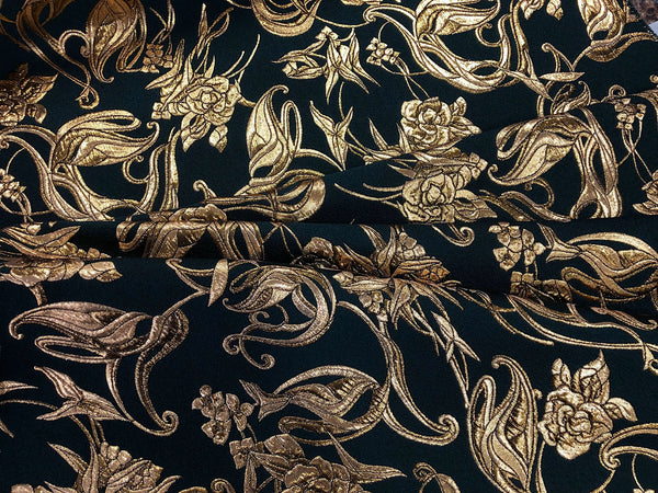 Lurex Gold on Forest Green, Rose Cloque Jacquard