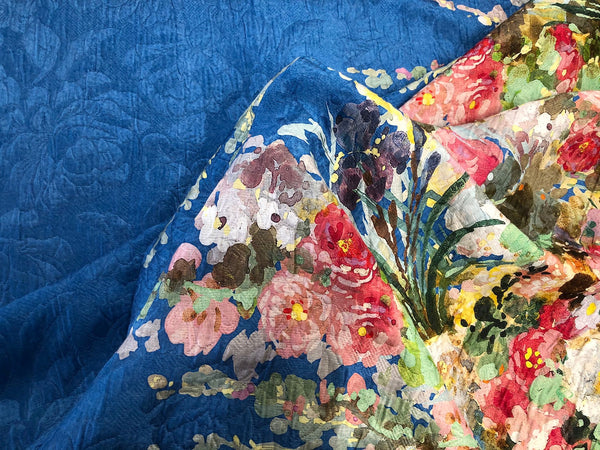 Silk Blend Jacquard, Watercolour Garden in Blue