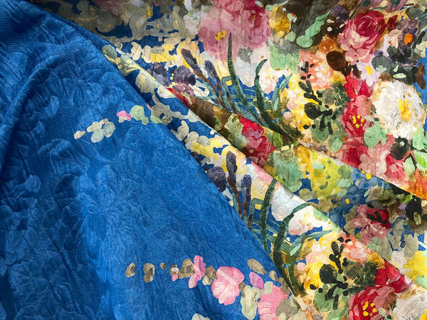 Silk Blend Jacquard, Watercolour Garden in Blue