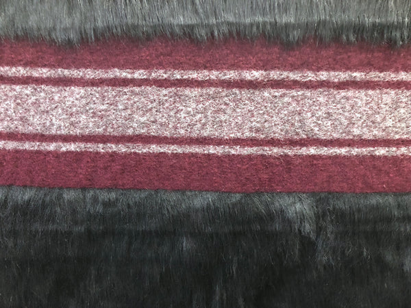 LAST PIECE- 2MT Boiled Wool Stripe Faux Fur Jacquard, Burgundy & Black