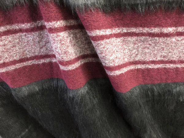 LAST PIECE- 2MT Boiled Wool Stripe Faux Fur Jacquard, Burgundy & Black