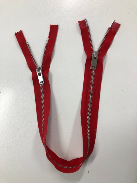 55cm Double Open-ended Zipper, Red with Silver Hardware