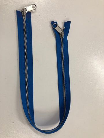 55cm Double Open-ended Zipper, Blue with Silver Hardware