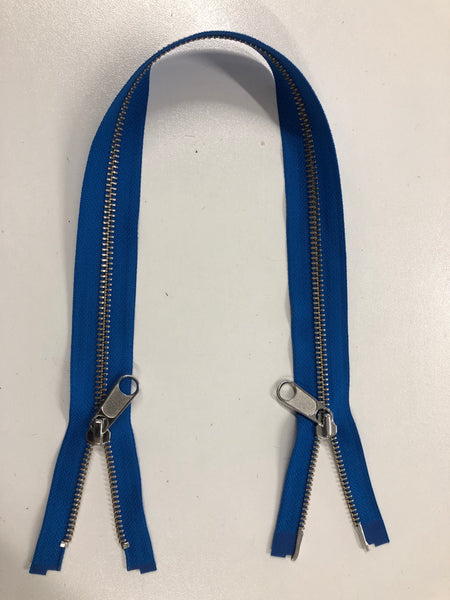 55cm Double Open-ended Zipper, Blue with Silver Hardware