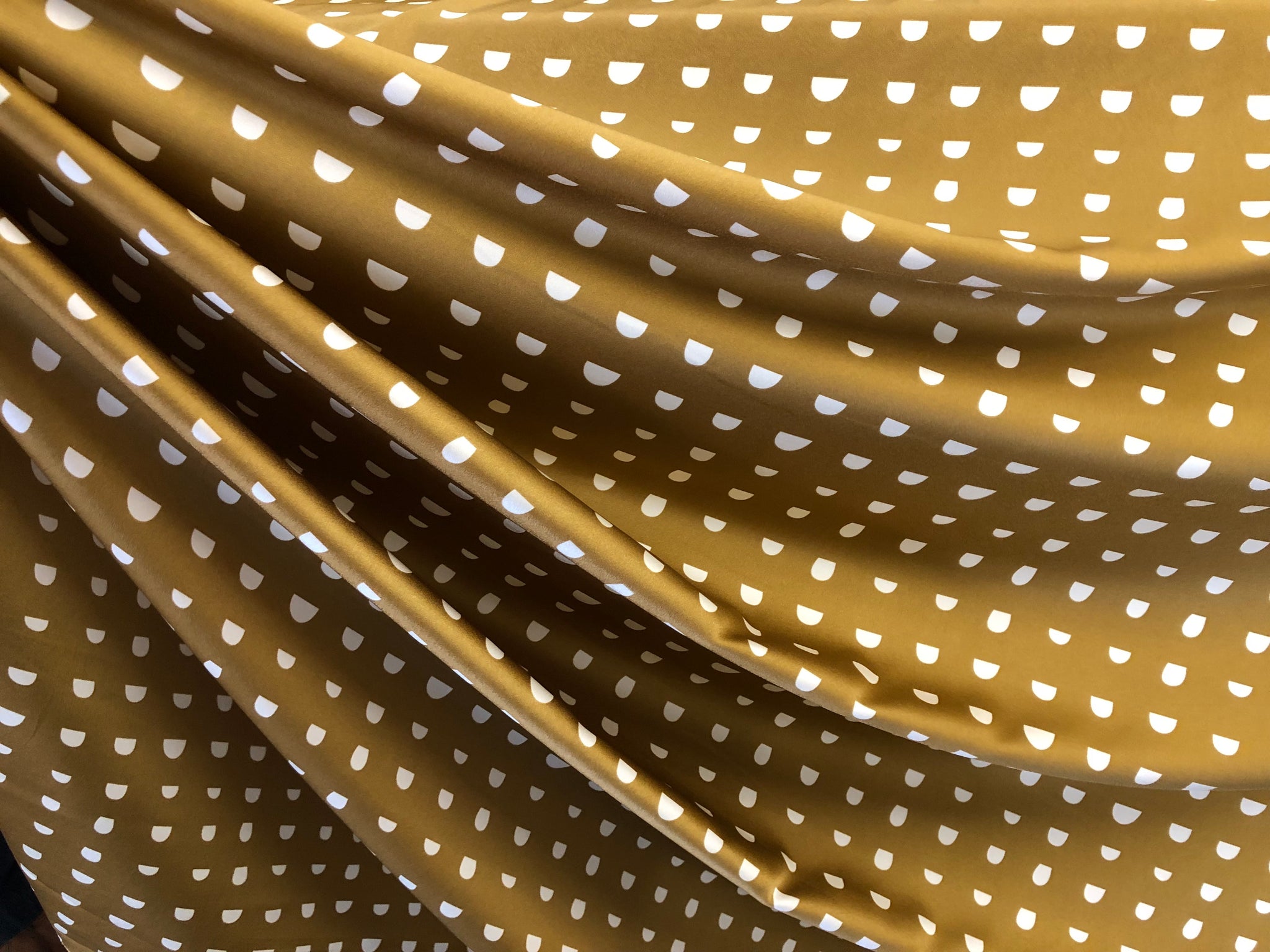 White Half Circle Print on Stretch Satin,Mustard