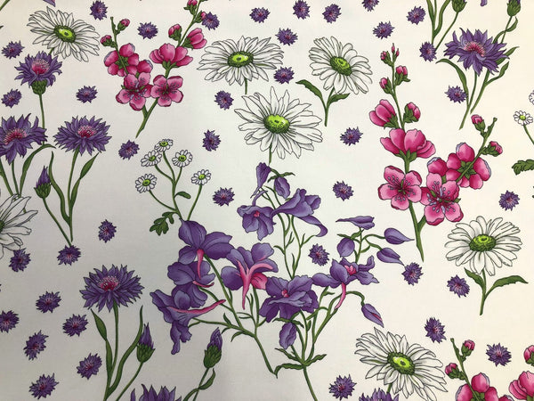 Cornflowers & Daisies Print on Stretch Sateen, Purple