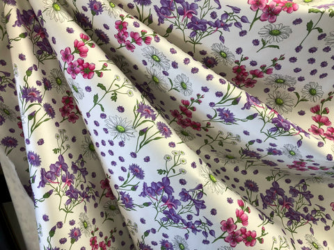 Cornflowers & Daisies Print on Stretch Sateen, Purple