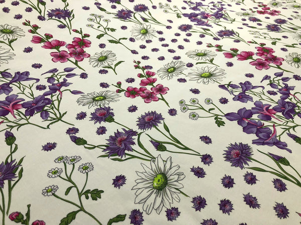 Cornflowers & Daisies Print on Stretch Sateen, Purple