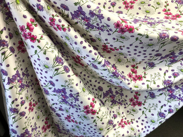 Cornflowers & Daisies Print on Stretch Sateen, Purple