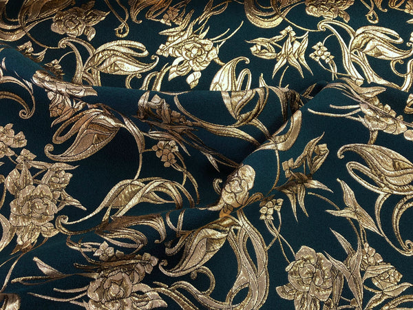 Lurex Gold on Forest Green, Rose Cloque Jacquard